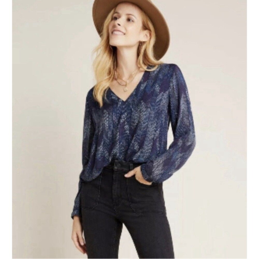 Cloth & Stone Anthropologie Dotted Herringbone Blouse Navy Blue V Neck Rayon S